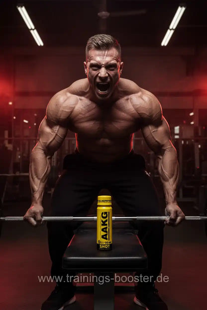 Muskulöser Athlet mit AAKG Shot im Fitnessstudio – Trainingsbooster für Kraft & Ausdauer