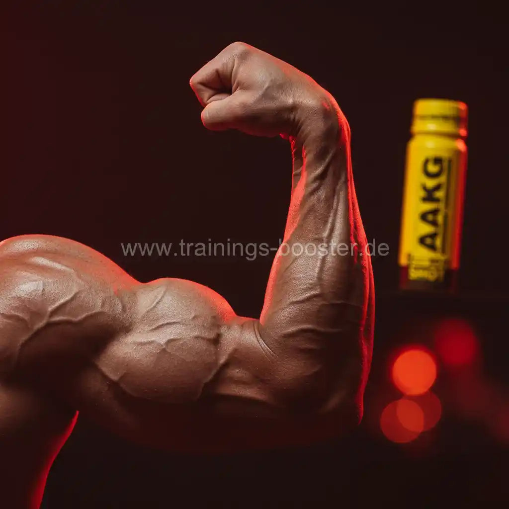 Muskulöser Arm mit AAKG-Booster im Hintergrund – ideal für Krafttraining und Muskelaufbau