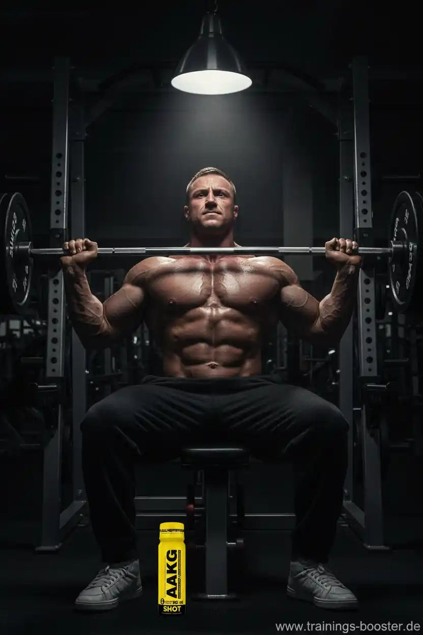 Muskulöser Mann beim Gewichtheben mit AAKG Shot – ideal für Krafttraining & Muskelaufbau