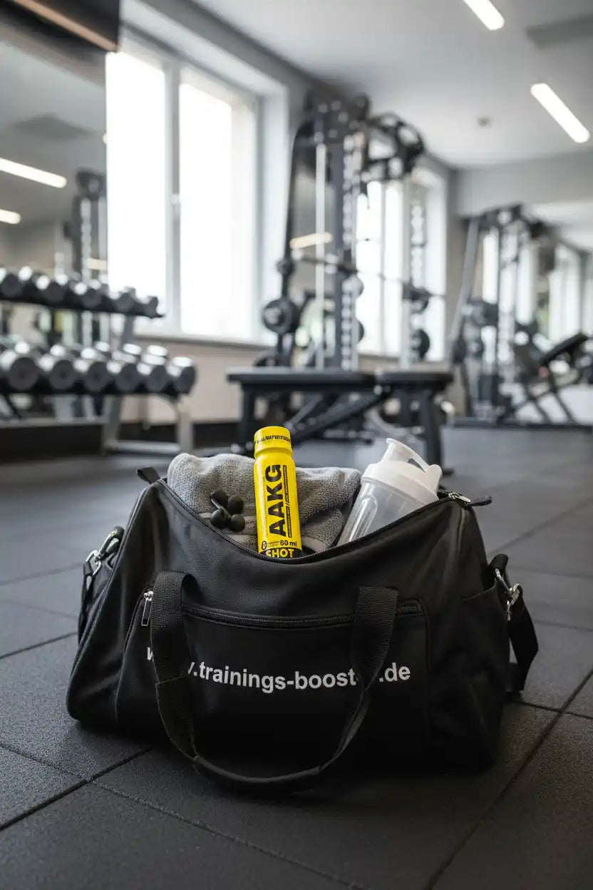 Schwarze Sporttasche mit AAKG-Booster und Shaker im Fitnessstudio