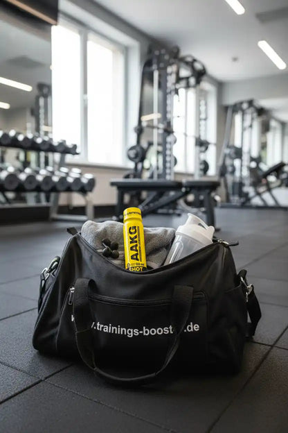 Schwarze Sporttasche mit AAKG-Booster und Shaker im Fitnessstudio