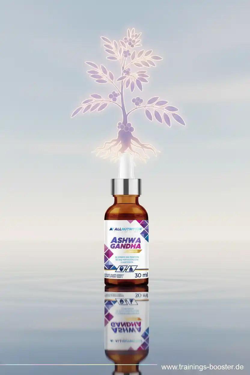 AllNutrition Ashwagandha Tropfen 30ml Nahrungsergänzungsmittel mit einer stilisierten Pflanze.
