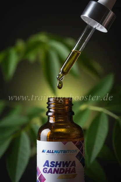 AllNutrition Ashwa Gandha Nahrungsergänzungsmittel Tropfen aus Pipette in Braunglasflasche