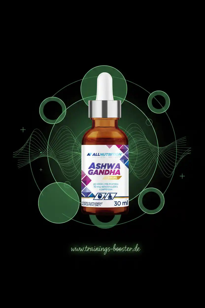 AllNutrition Ashwagandha Tropfen Nahrungsergänzungsmittel 30 ml Flasche auf schwarzem Hintergrund
