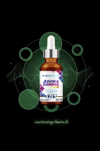 AllNutrition Ashwagandha Tropfen Nahrungsergänzungsmittel 30 ml Flasche auf schwarzem Hintergrund