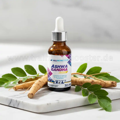 Ashwagandha Tropfen von AllNutrition Nahrungsergänzungsmittel mit Wurzeln und Blättern