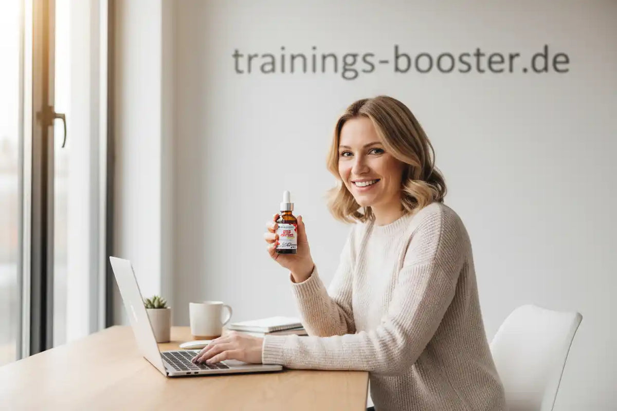 Frau mit Nahrungsergänzungsmittel-Tropfen vor Laptop, trainings-booster.de im Hintergrund