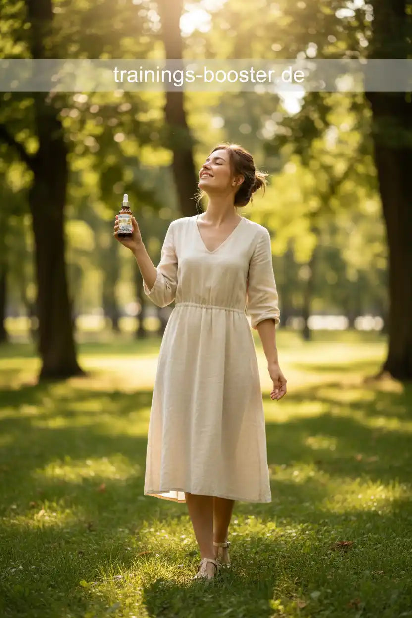 Lächelnde Frau im Sommerkleid hält Nahrungsergänzungsmittel-Tropfen in einem sonnigen Park.