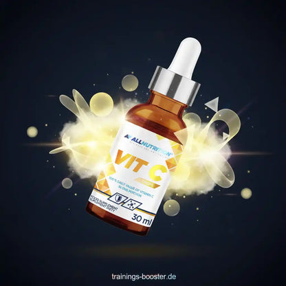 AllNutrition Vitamin C Tropfen Nahrungsergänzungsmittel Flasche mit Pipette vor goldenem Hintergrund