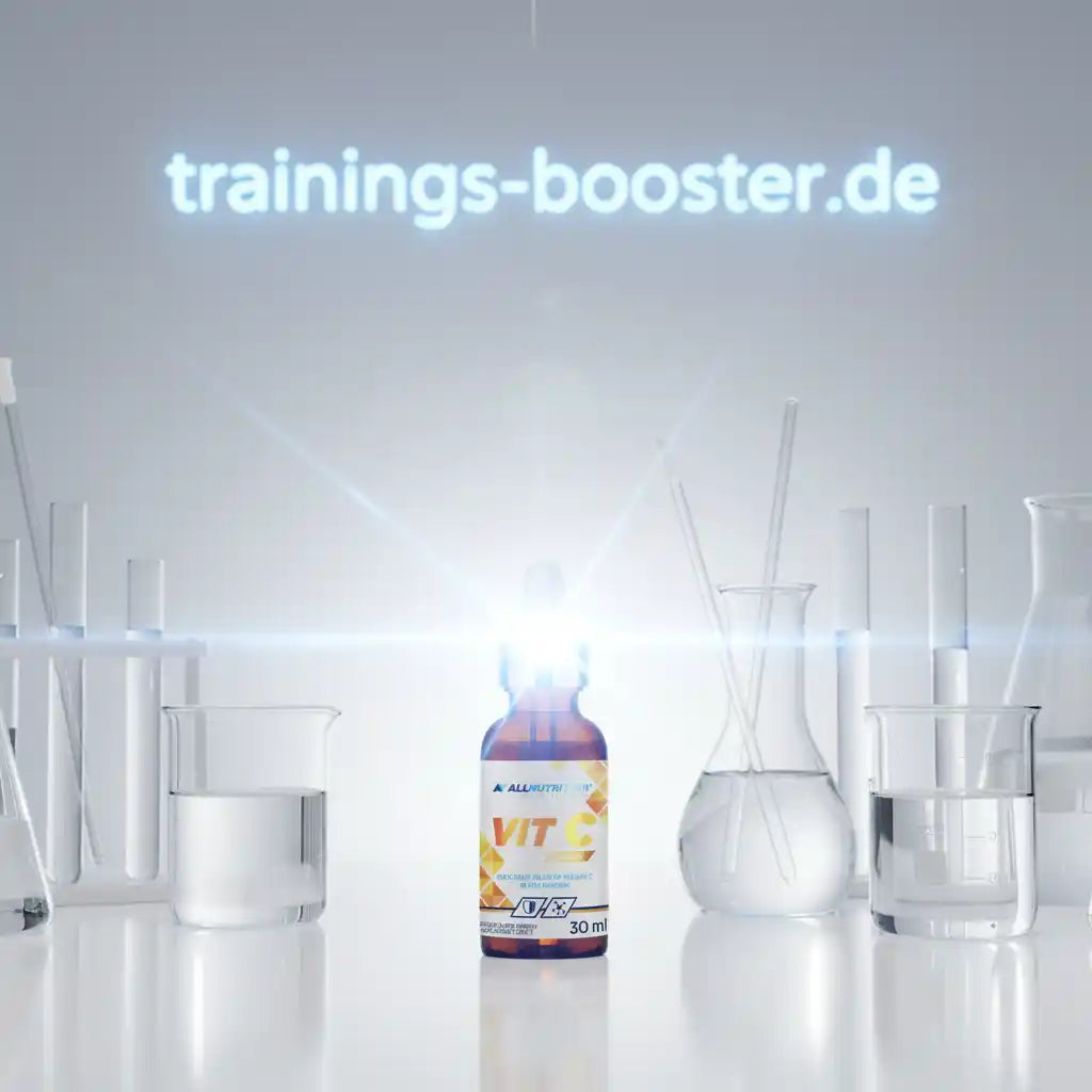 Flasche Vitamin-Nahrungsergänzungsmittel in einem hellen Labor mit Bechergläsern