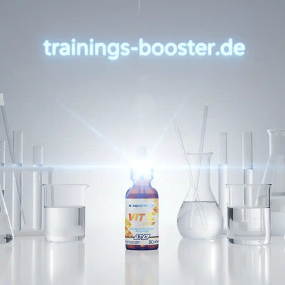 Flasche Vitamin-Nahrungsergänzungsmittel in einem hellen Labor mit Bechergläsern