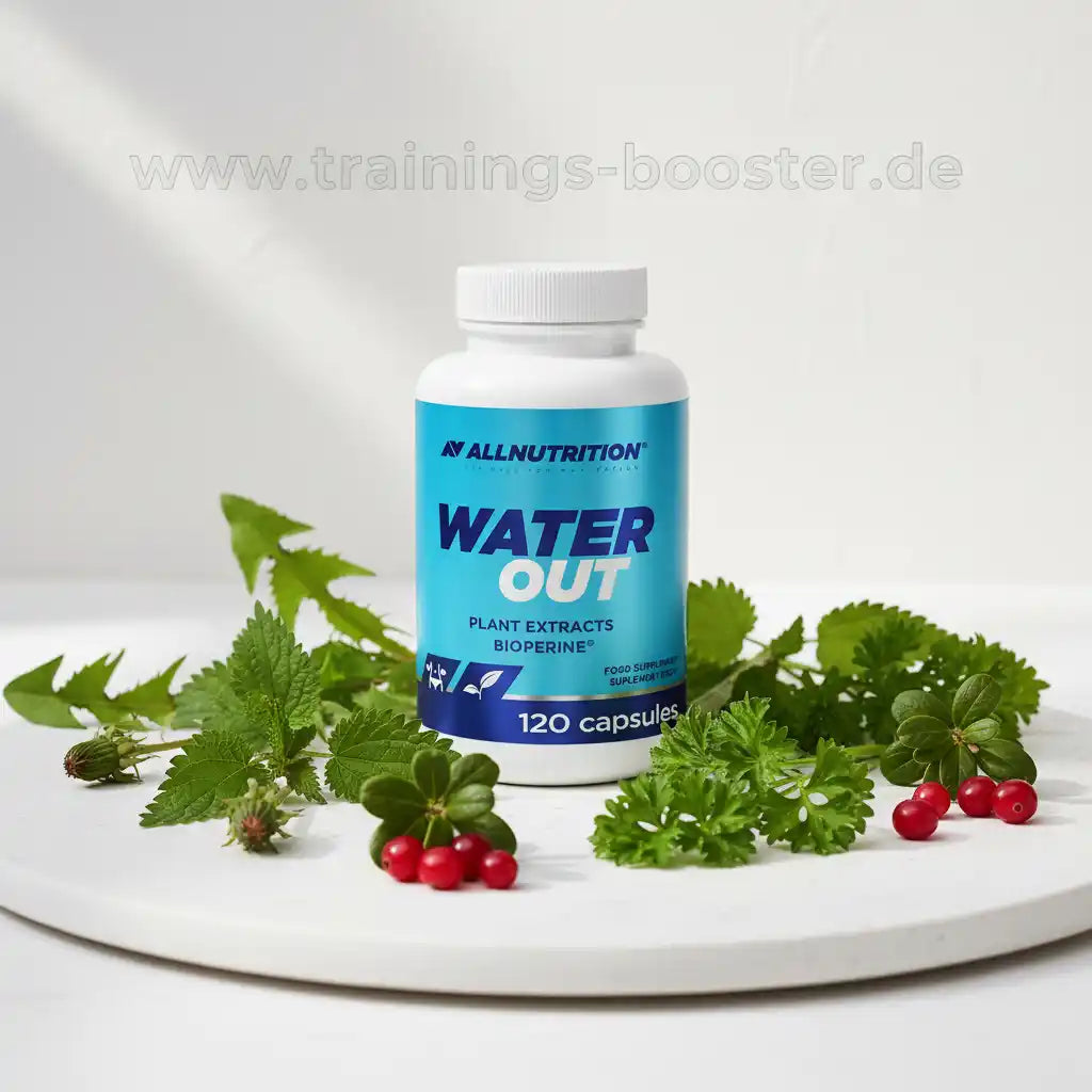 Allnutrition Water Out Nahrungsergänzungsmittel mit 120 Kapseln, umgeben von grünen Kräutern und Beeren.