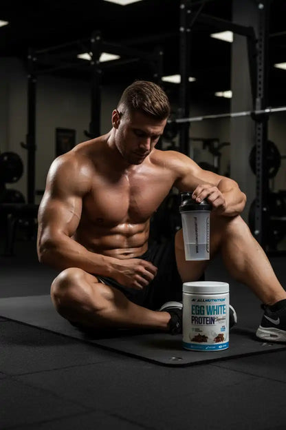 Muskulöser Mann im Fitnessstudio mit Eiweißpulver und Shaker für Sporternährung