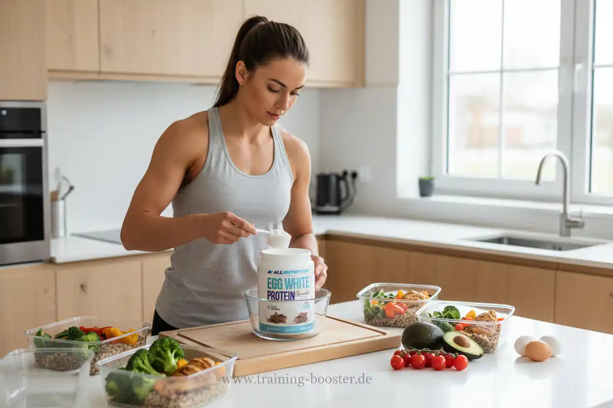 Frau bereitet Eiweißpulver in der Küche vor – ideal für Sportnahrung und Fitness-Booster