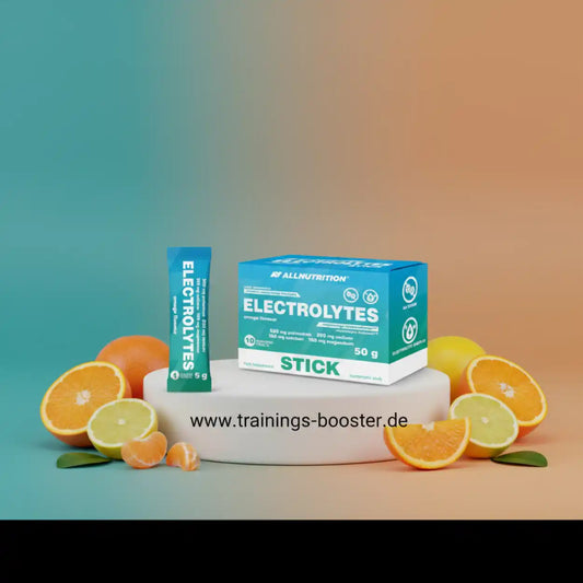 ALLNUTRITION Electrolytes Stick Box und Einzeldose mit Orangen und Zitronen, ideal für Sport und Training