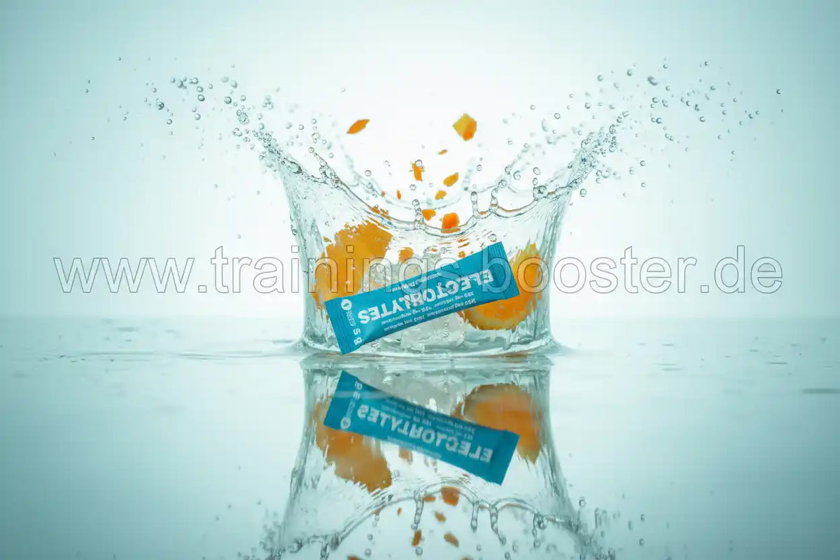 Elektrolyt-Booster in Wasser mit Orangensplittern, ideal für Sport und Training