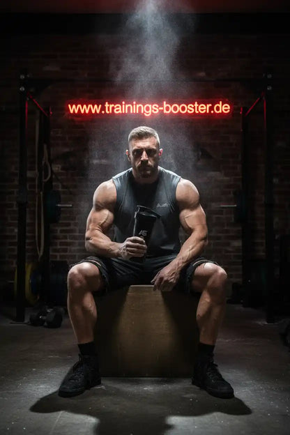 Muskulöser Athlet mit Shaker im Fitnessstudio, Neon-Schild triiningsbooster.com im Hintergrund
