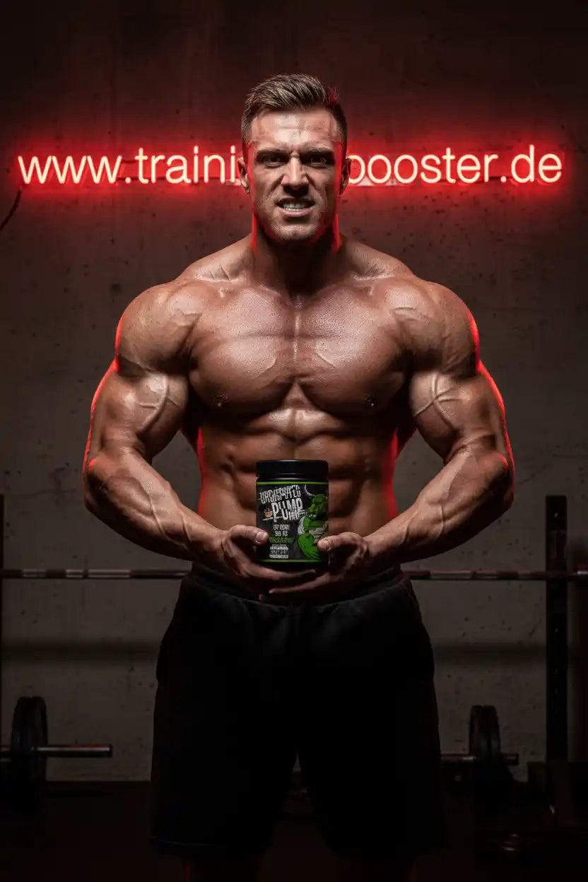 Muskulöser Bodybuilder hält ein Supplement-Produkt vor dunklem Hintergrund in einem Fitnessstudio.