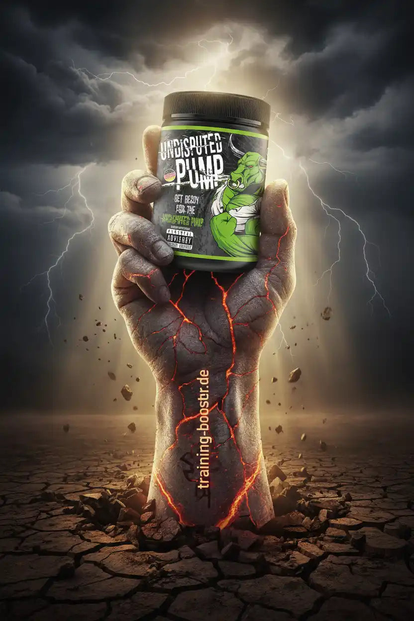 Eine muskulöse Steinhand hält eine Dose Undisputed Pump Trainings-Booster vor Gewitterhintergrund.