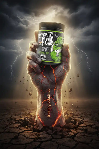 Eine muskulöse Steinhand hält eine Dose Undisputed Pump Trainings-Booster vor Gewitterhintergrund.
