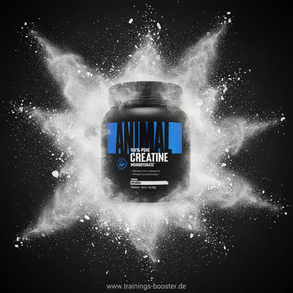 100% reines Creatin-Monohydrat Pulver in schwarzer Dose mit blauer Beschriftung, umgeben von weißem Pulver auf schwarzem Hintergrund