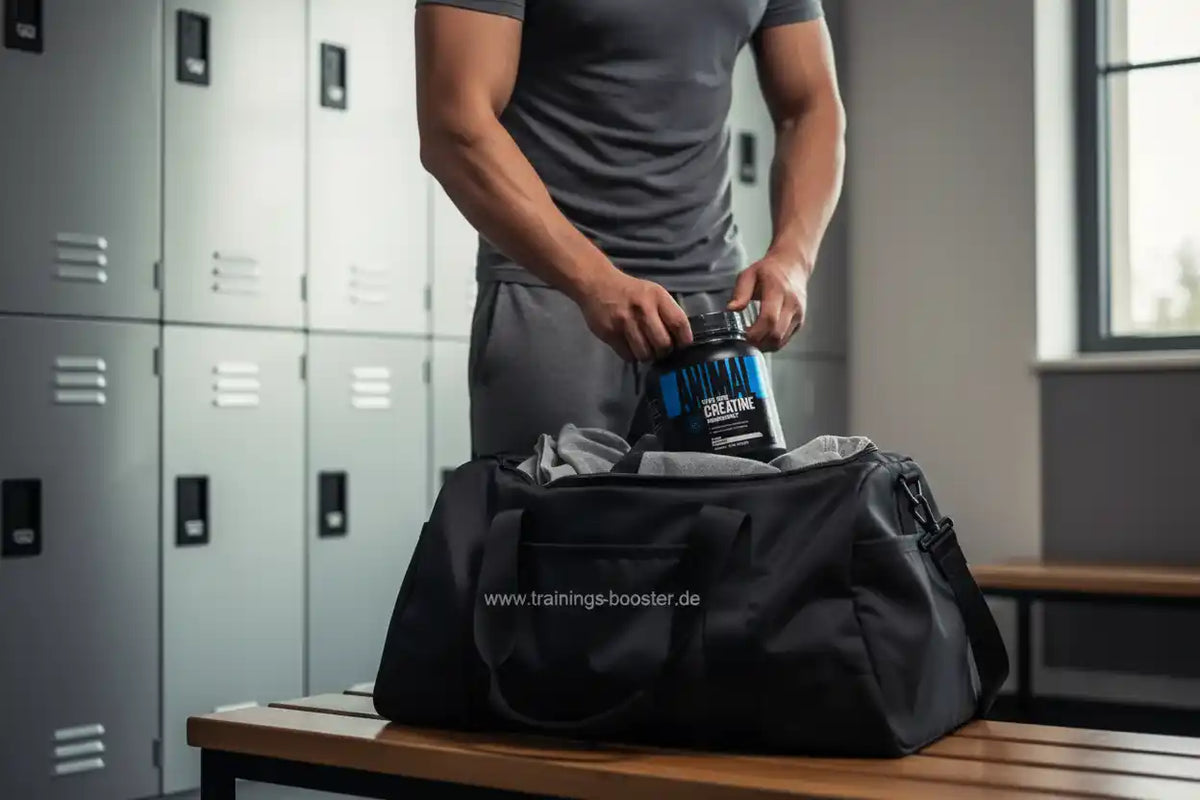 Muskulöser Mann packt Kreatin-Booster in Sporttasche im Fitnessstudio