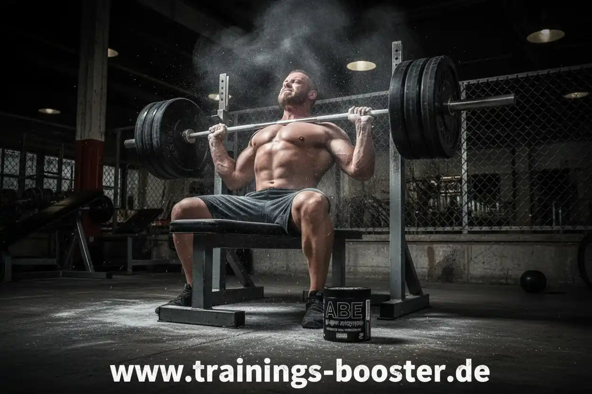 Muskulöser Mann beim Bankdrücken mit Gewichten im Fitnessstudio