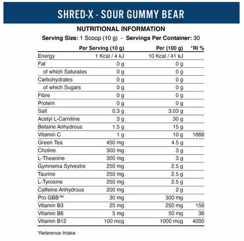Nährwerttabelle Shred-X Sour Gummy Bear mit Acetyl L-Carnitin, Koffein & Vitaminen für Fitness & Training