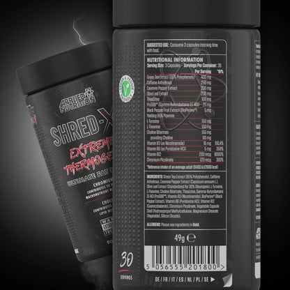 Applied Nutrition Shred-X Extreme Thermogen, Fatburner mit Nährwertangaben und veganer Kennzeichnung