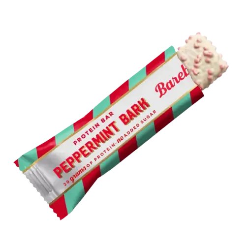 Peppermint Bark Protein Bar mit 20g Protein, weißer Schokolade und rosa Streuseln, ideal für Sportler