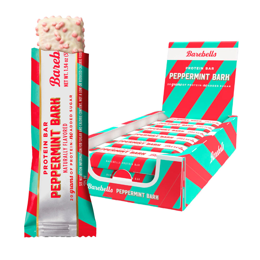 Barebells Peppermint Bark Protein Bar mit 20g Protein, zuckerfrei, in roter und grüner Verpackung