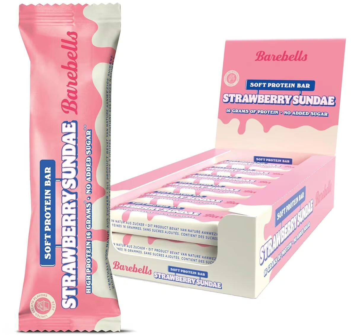 Barebells Soft Protein Bar Strawberry Sundae Proteinriegel in Einzelverpackung und Box