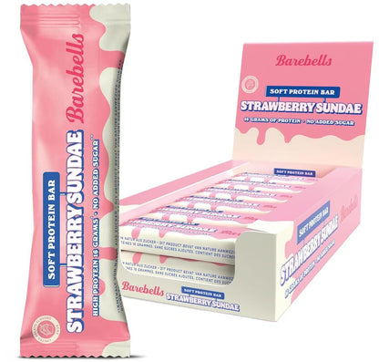Barebells Soft Protein Bar Strawberry Sundae Proteinriegel in Einzelverpackung und Box