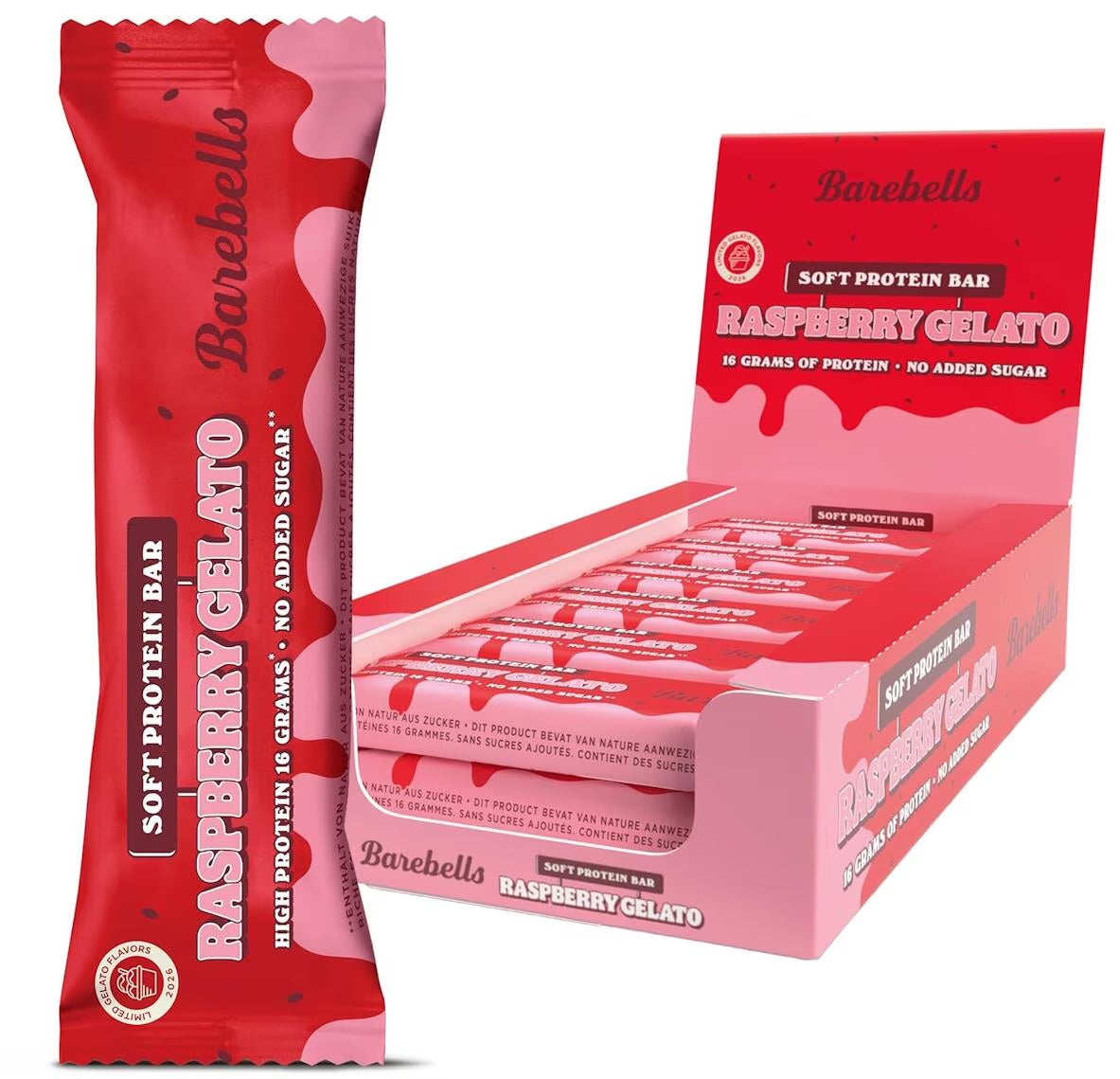 Barebells Soft Protein Bar Raspberry Gelato Riegel einzeln und in der Packung