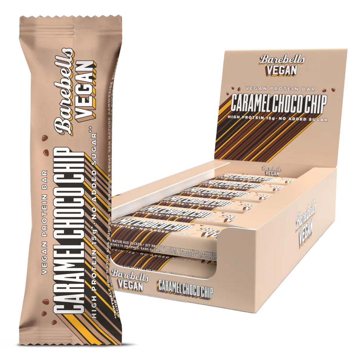 Vegan Protein Bar Caramel Choco Chip, 15g Protein, ohne zugesetzten Zucker, Barebells Verpackung