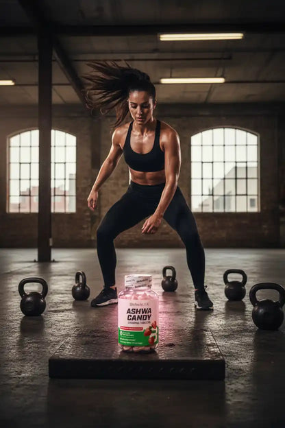 Frau beim Training mit Ashwa Candy Booster in Fitnessstudio