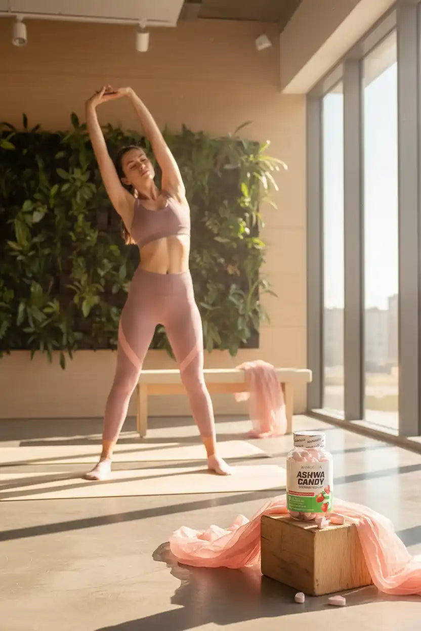 Frau beim Dehnen mit Ashwa Candy Nahrungsergänzungsmittel im Fitnessstudio