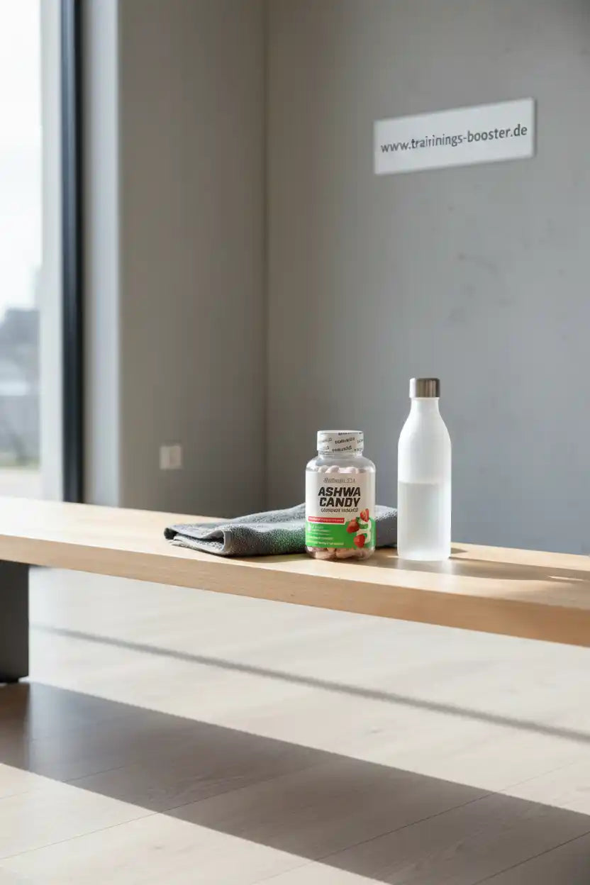 Ashwa Candy Booster neben Wasserflasche auf Holzbank im Fitnessstudio