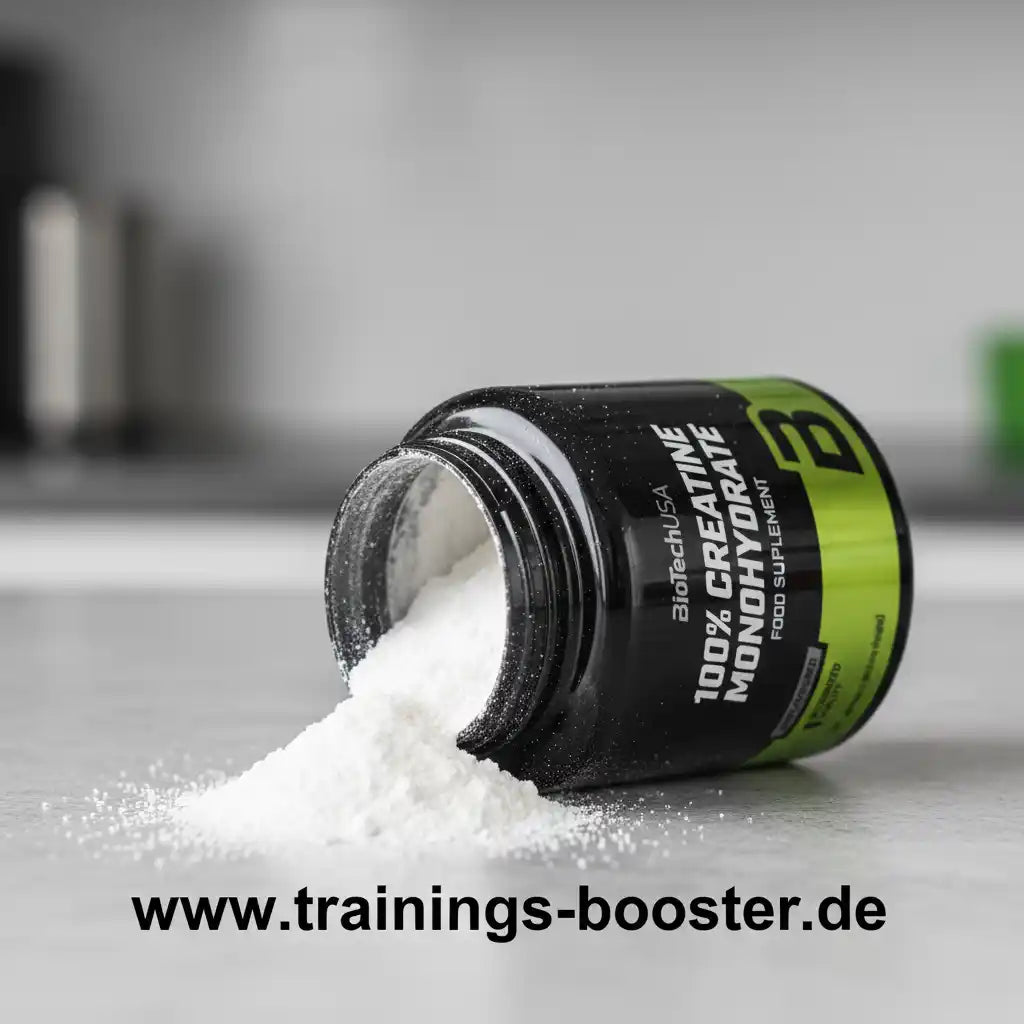 100% Creatine Monohydrat Pulver aus schwarz-grüner Dose für Sport und Training