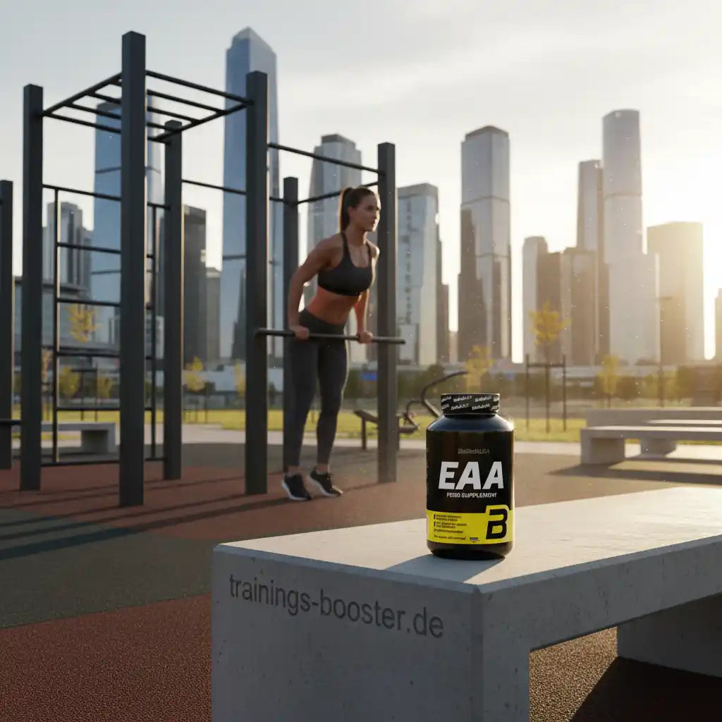 EAA Nahrungsergänzungsmittel auf Betonbank vor einer Frau beim Training im Outdoor-Fitnesspark