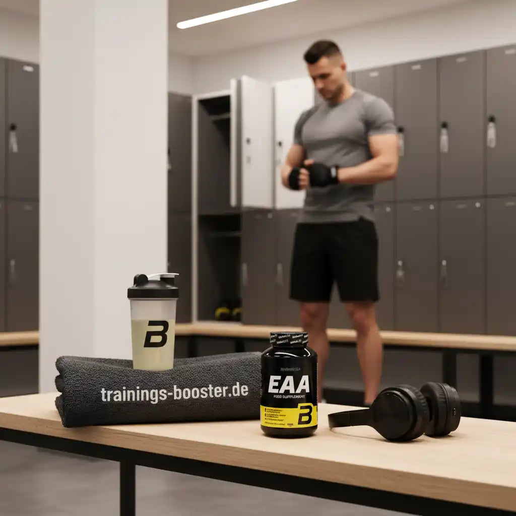 EAA Nahrungsergänzungsmittel mit Shaker und Kopfhörern im Fitnessstudio-Umkleideraum