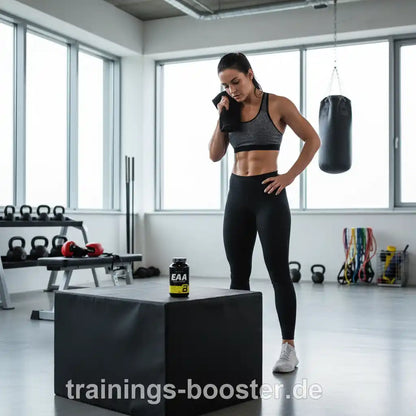 Sportliche Frau im Fitnessstudio mit einer Dose EAA Nahrungsergänzungsmittel.