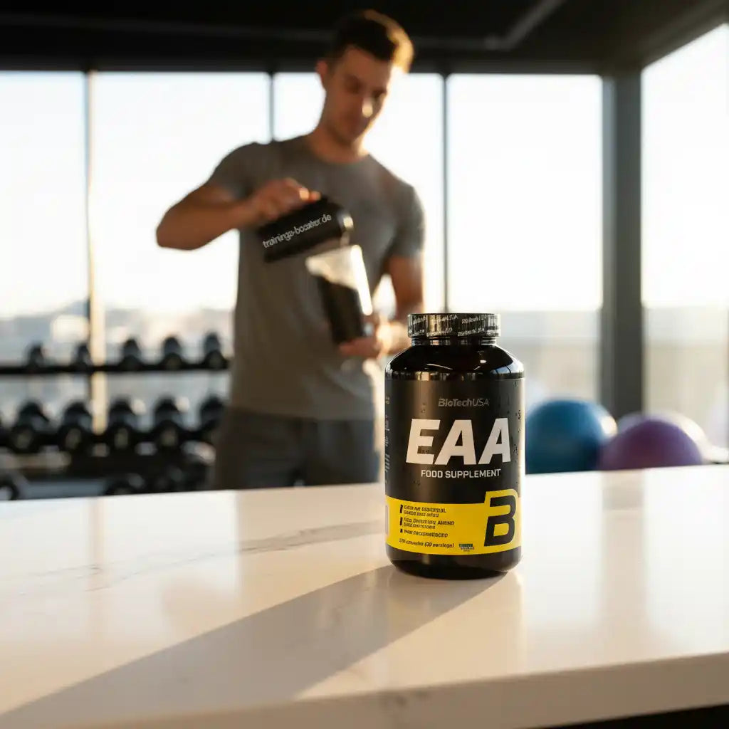 BioTechUSA EAA Nahrungsergänzungsmittel im Vordergrund mit Sportler im Fitnessstudio