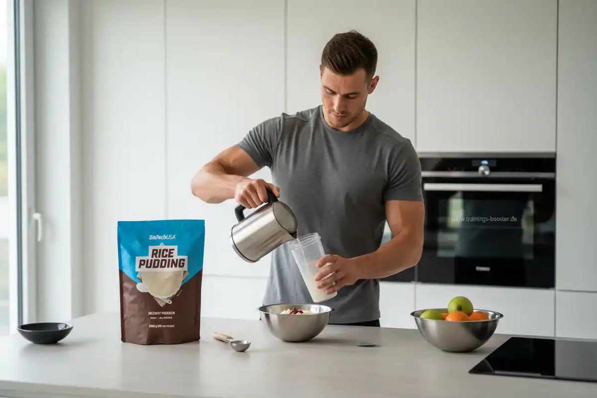 Mann bereitet Reispudding mit Sportnahrung zu, ideal für Fitness und Ernährung