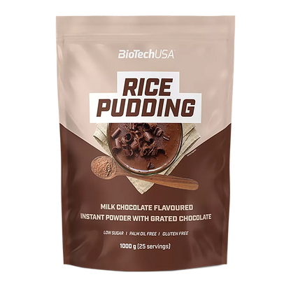 Milchschokoladen-Rice-Pudding-Pulver mit geriebener Schokolade, glutenfrei und zuckerarm