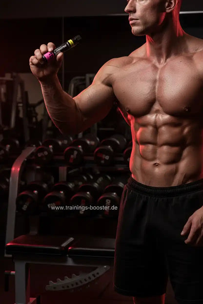 Muskulöser Mann im Fitnessstudio mit Booster-Drink, ideal für Training und Muskelaufbau
