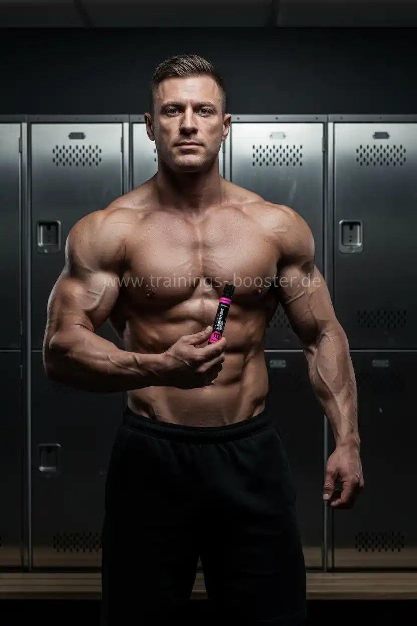 Muskulöser Mann mit Trainingsbooster vor Spinden, ideal für Sportnahrung und Fitness-Booster