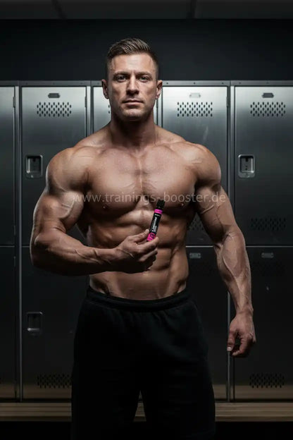 Muskulöser Mann mit Trainingsbooster vor Spinden, ideal für Sportnahrung und Fitness-Booster