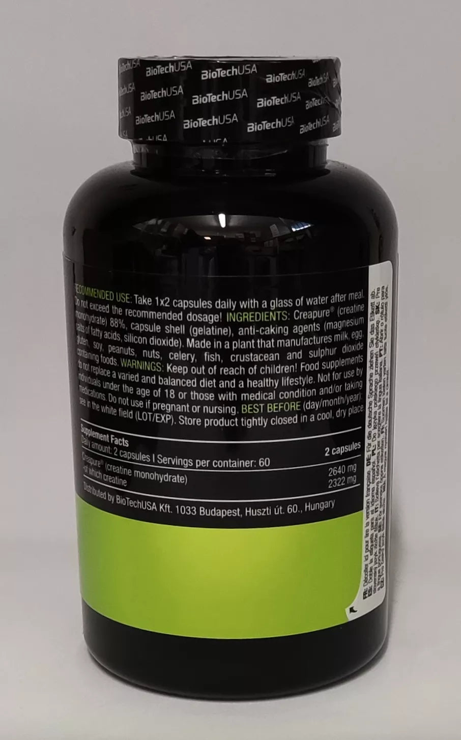 BioTechUSA Kreatin-Monohydrat Kapseln, Nahrungsergänzung für Sportler, 60 Portionen, grüne Etikette