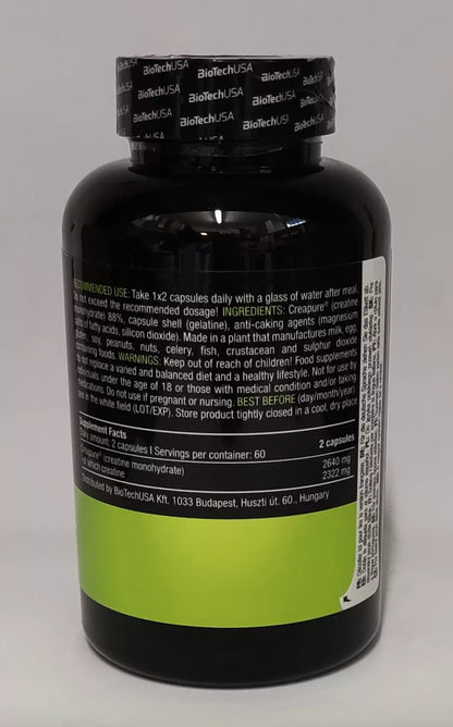 BioTechUSA Kreatin-Monohydrat Kapseln, Nahrungsergänzung für Sportler, 60 Portionen, grüne Etikette